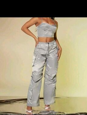 Silver Reflective 2pce Satin Cargo Pants - XS & Top - xxs